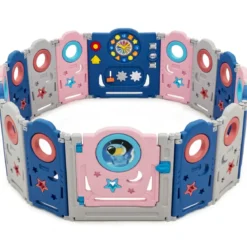 Multifunktionales Baby-Laufgitter mit Tür und Spielzeugboard 60 x 62 cm Rosa + Dunkelblau