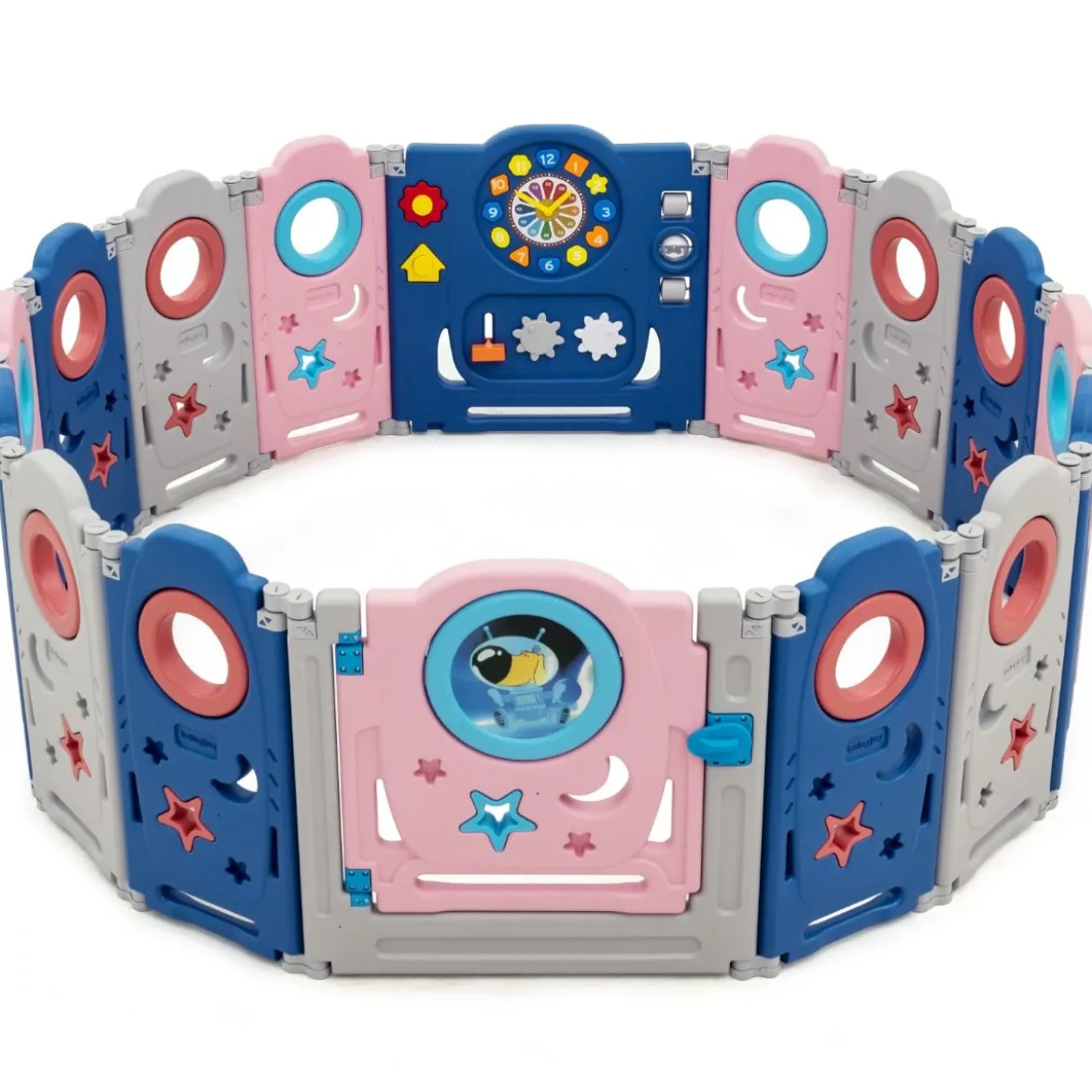 Multifunktionales Baby-Laufgitter mit Tür und Spielzeugboard 60 x 62 cm Rosa + Dunkelblau