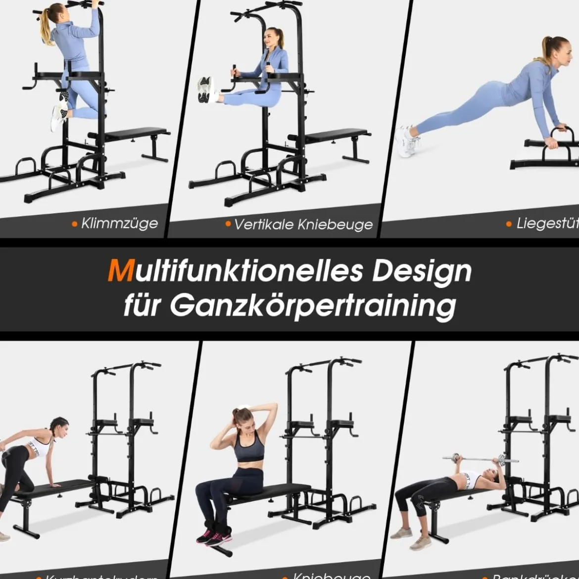 Multifunktionales Heim-Fitnessstudio Pull-up Bar Stand Dip Station mit 7 verstellbaren Höhen und klappbarer Gewichtsbank Fitnessgeräte