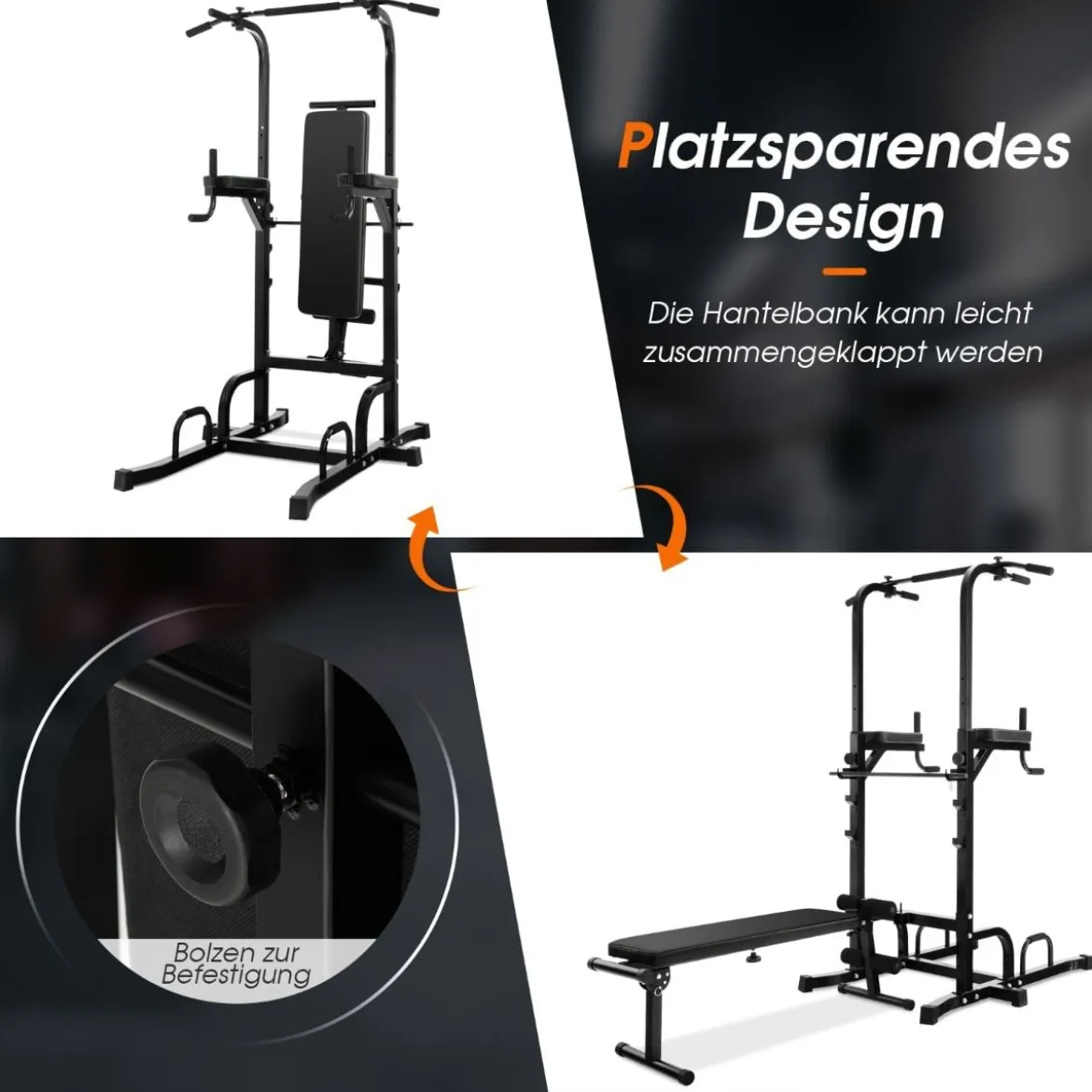 Multifunktionales Heim-Fitnessstudio Pull-up Bar Stand Dip Station mit 7 verstellbaren Höhen und klappbarer Gewichtsbank Fitnessgeräte