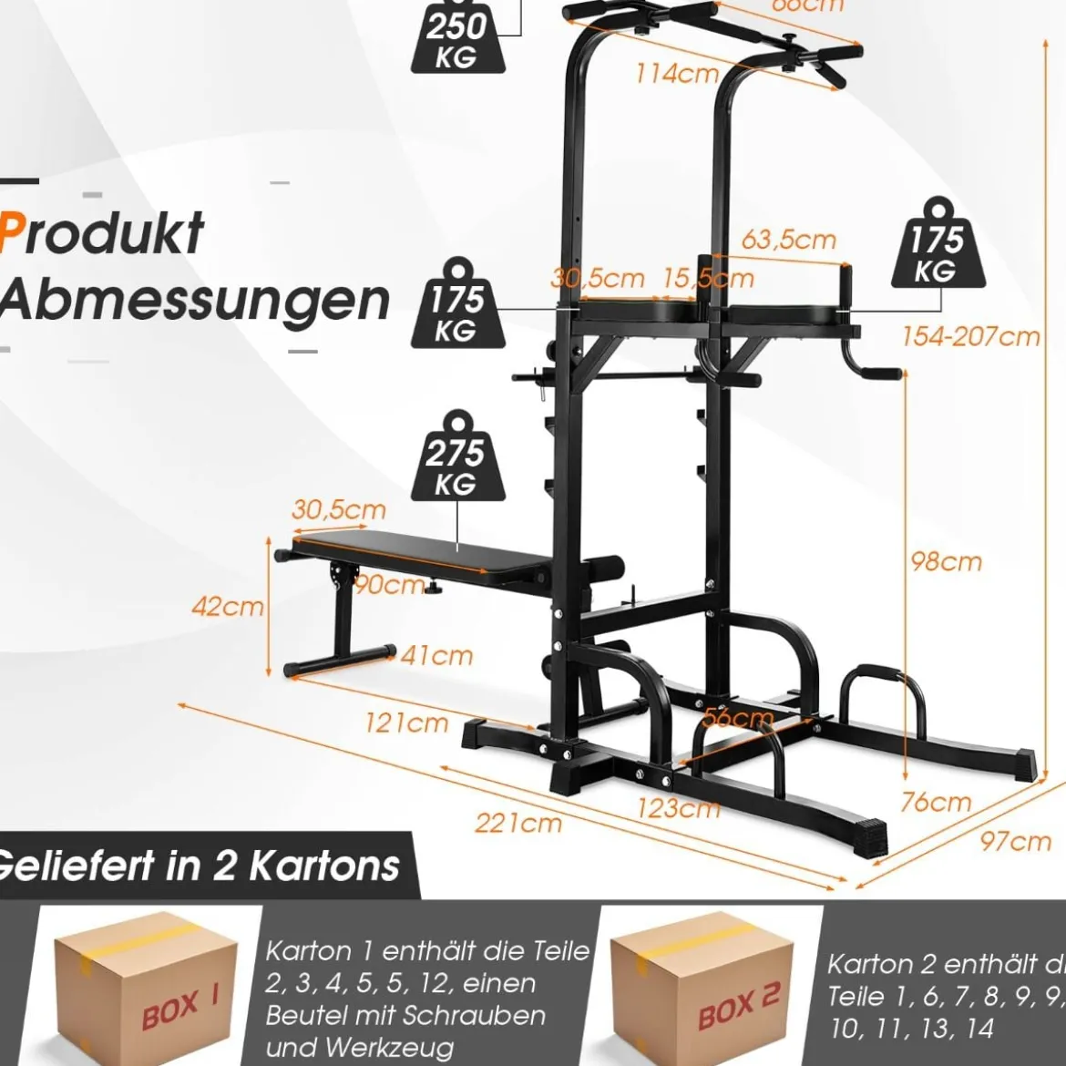 Multifunktionales Heim-Fitnessstudio Pull-up Bar Stand Dip Station mit 7 verstellbaren Höhen und klappbarer Gewichtsbank Fitnessgeräte