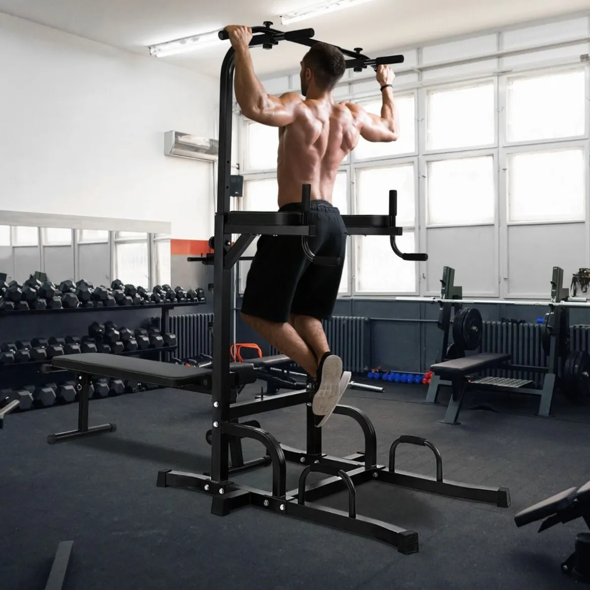 Multifunktionales Heim-Fitnessstudio Pull-up Bar Stand Dip Station mit 7 verstellbaren Höhen und klappbarer Gewichtsbank Fitnessgeräte