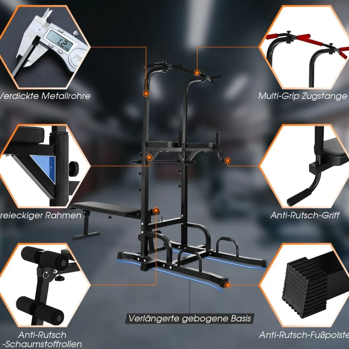 Multifunktionales Heim-Fitnessstudio Pull-up Bar Stand Dip Station mit 7 verstellbaren Höhen und klappbarer Gewichtsbank Fitnessgeräte