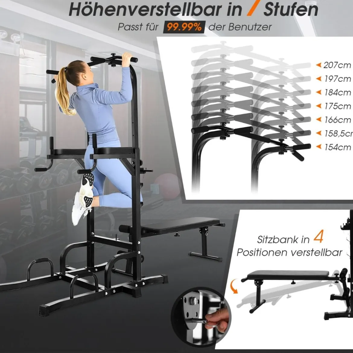 Multifunktionales Heim-Fitnessstudio Pull-up Bar Stand Dip Station mit 7 verstellbaren Höhen und klappbarer Gewichtsbank Fitnessgeräte
