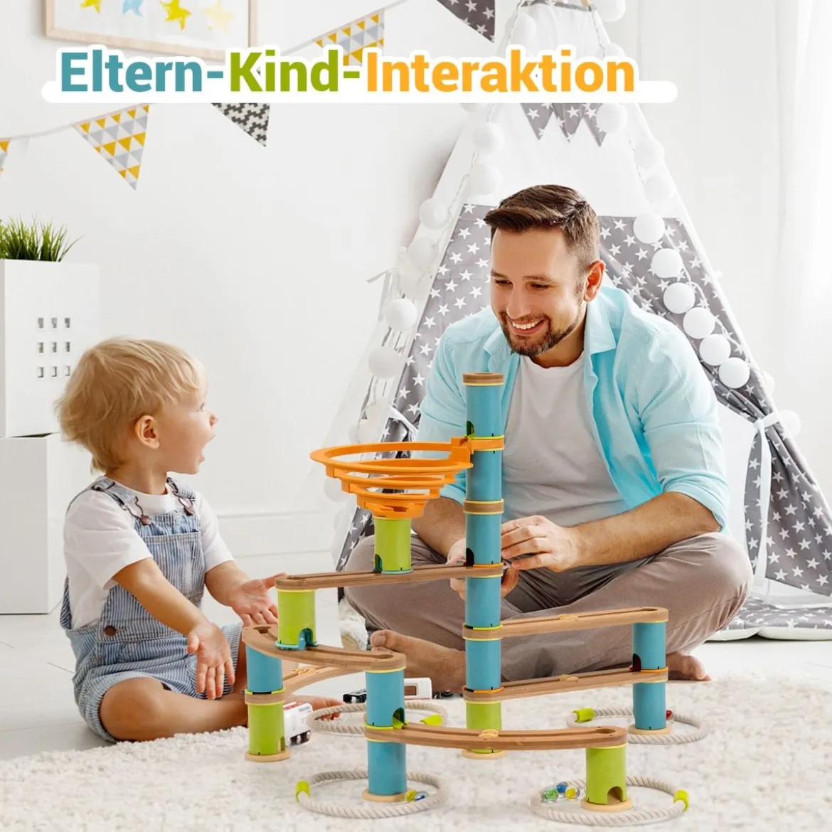 Murmelbahn aus Bambus Murmelspielzeug 111-teiliges Spielzeugset mit Murmeln für Kinder