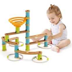 Murmelbahn aus Bambus Murmelspielzeug 111-teiliges Spielzeugset mit Murmeln für Kinder