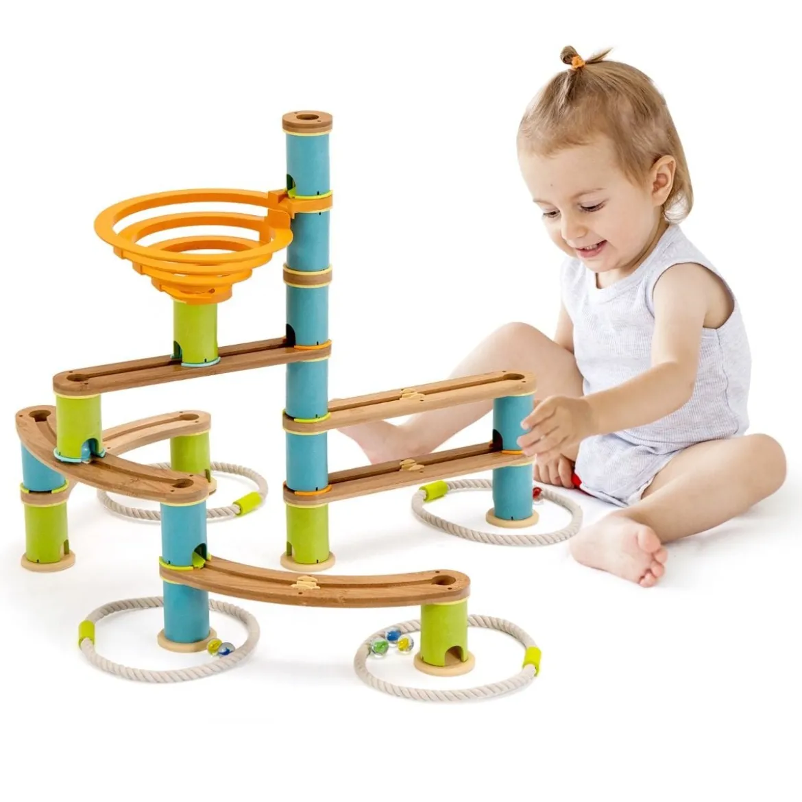 Murmelbahn aus Bambus Murmelspielzeug 111-teiliges Spielzeugset mit Murmeln für Kinder