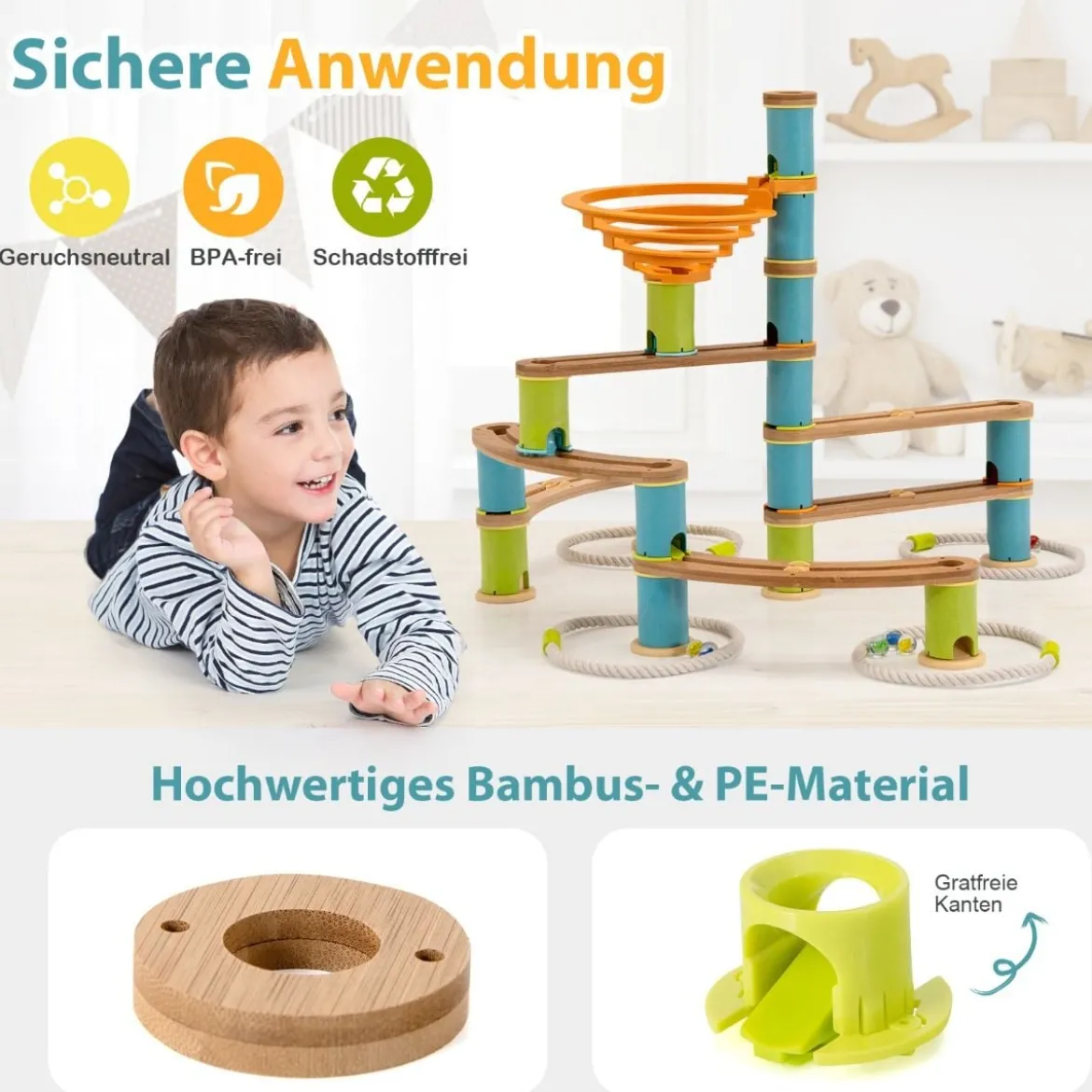 Murmelbahn aus Bambus Murmelspielzeug 111-teiliges Spielzeugset mit Murmeln für Kinder