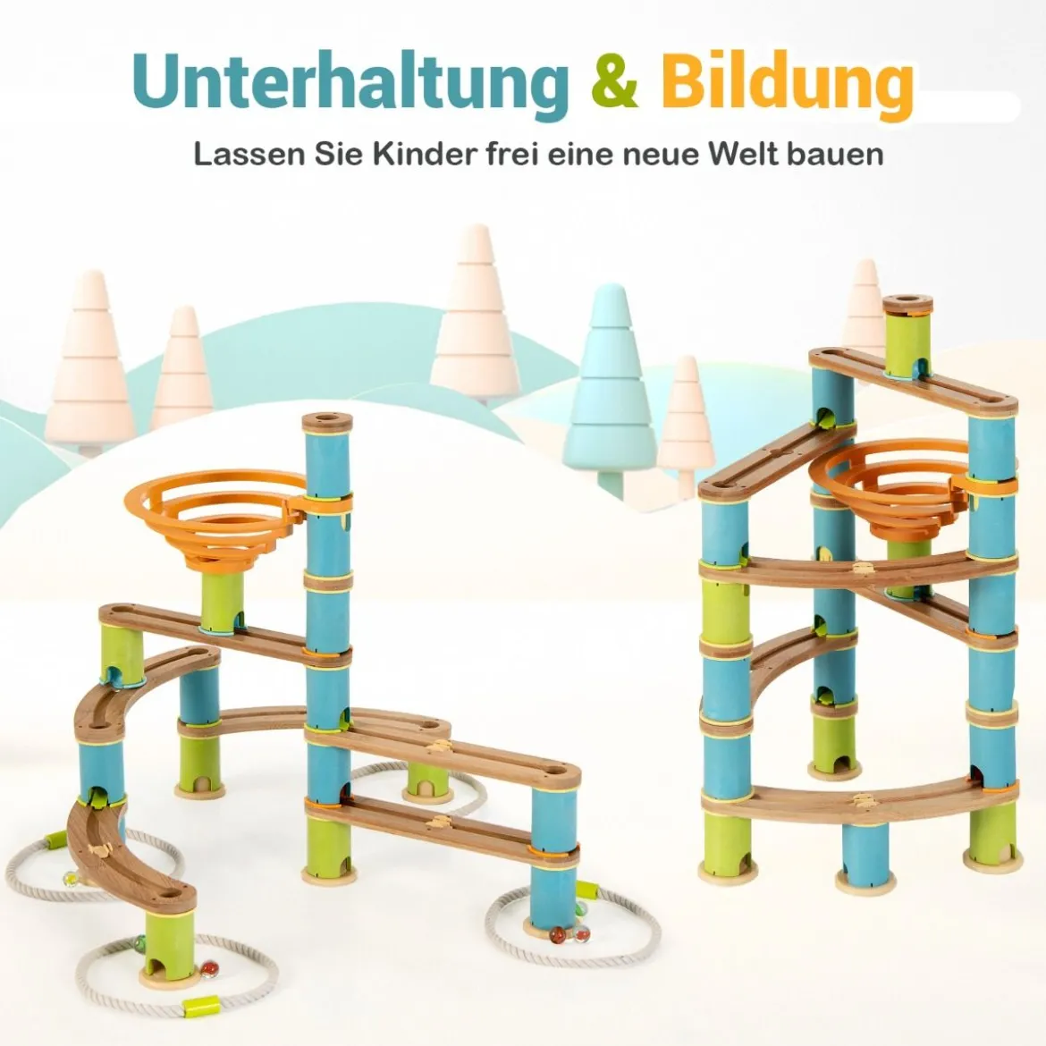 Murmelbahn aus Bambus Murmelspielzeug 111-teiliges Spielzeugset mit Murmeln für Kinder