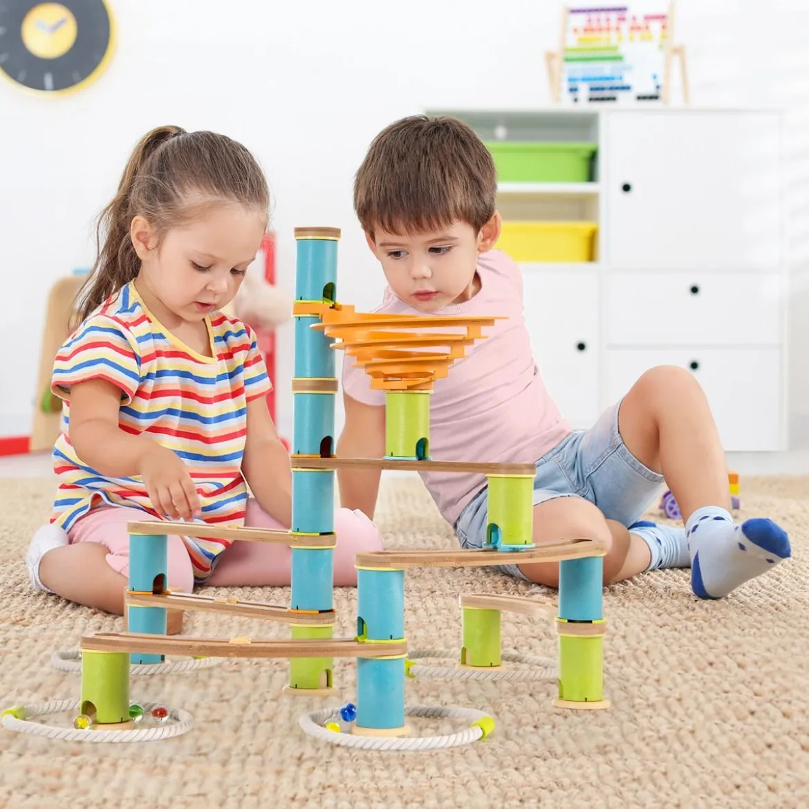 Murmelbahn aus Bambus Murmelspielzeug 111-teiliges Spielzeugset mit Murmeln für Kinder