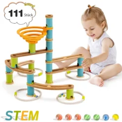 Murmelbahn aus Bambus Murmelspielzeug 111-teiliges Spielzeugset mit Murmeln für Kinder