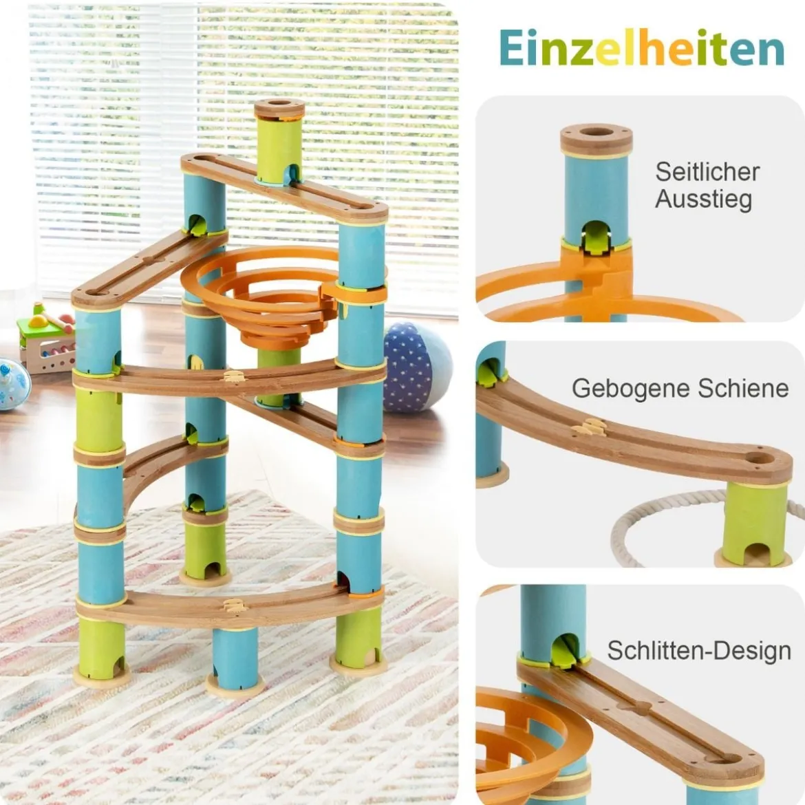 Murmelbahn aus Bambus Murmelspielzeug 111-teiliges Spielzeugset mit Murmeln für Kinder