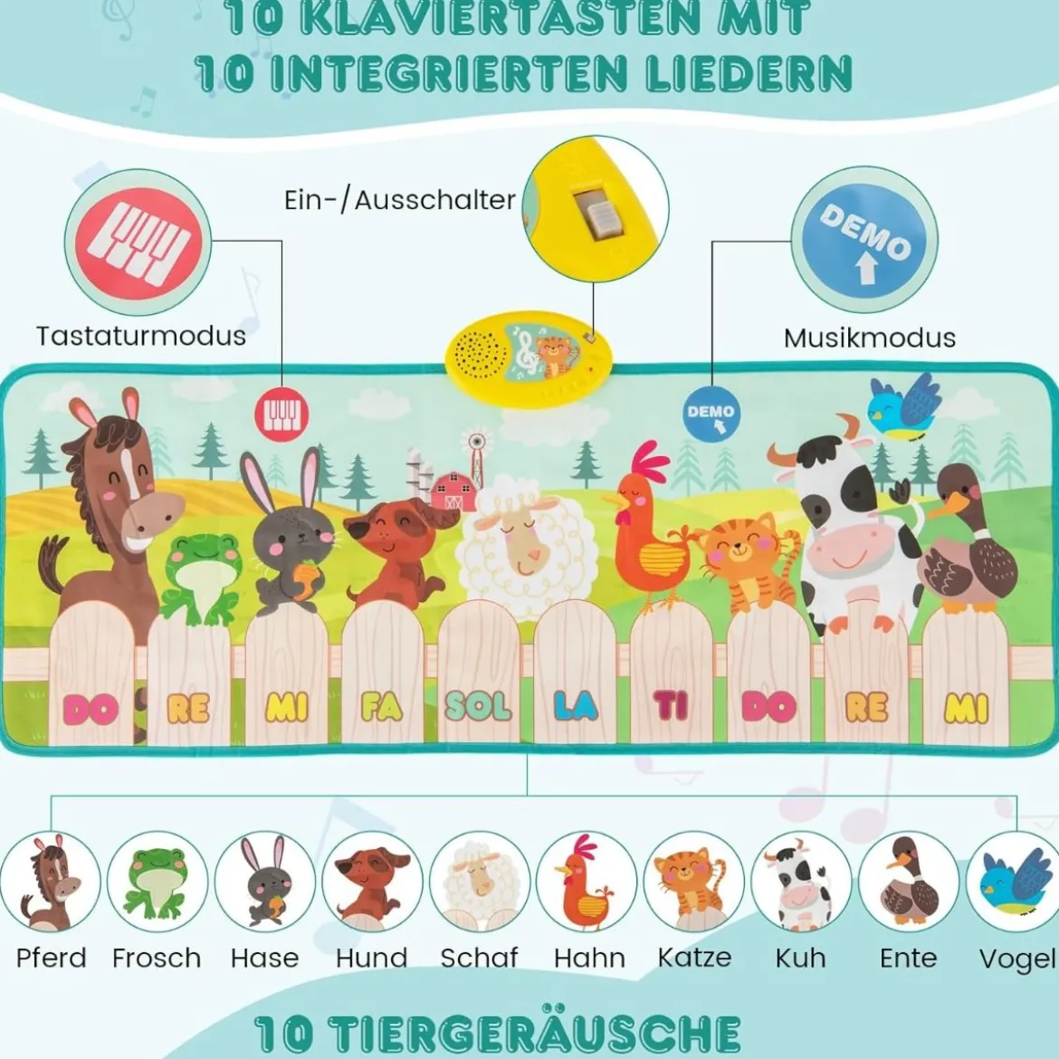 Musikmatte Kinder Klaviermatte mit 10 Tierstimmen & 10 Klavierton Keyboard Tanzmatte mit 10 Lieder