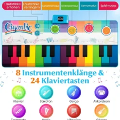 Musikmatte Kinder Klaviermatte mit 8 Musikinstrumente Keyboard Tanzmatte mit Aufnahme & Wiedergabefunktion 181 x 73 cm