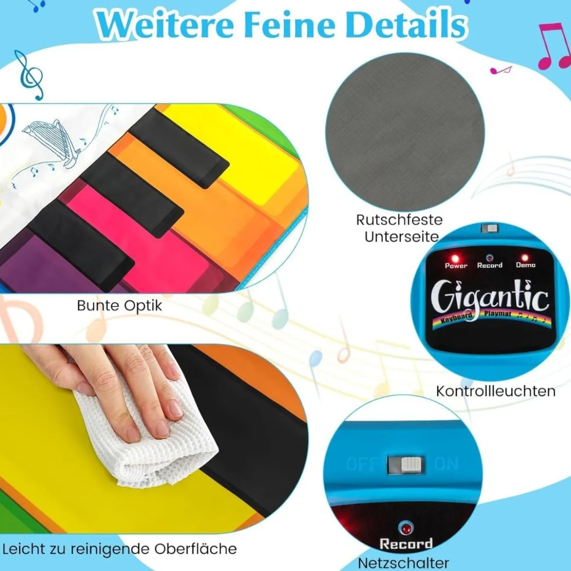 Musikmatte Kinder Klaviermatte mit 8 Musikinstrumente Keyboard Tanzmatte mit Aufnahme & Wiedergabefunktion 181 x 73 cm