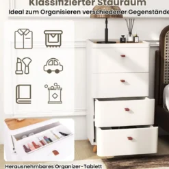 Nachtschrank mit 4 Schubladen Nachttisch Kommode mit abnehmbarem Organizer-Tablett Weiß 42 x 32 x 81,5 cm