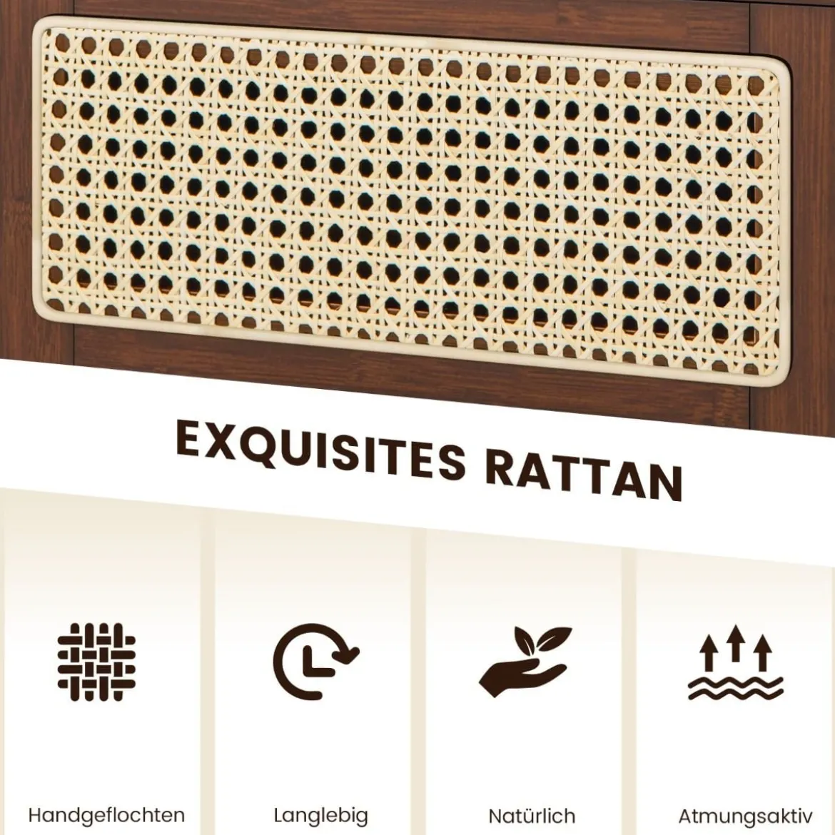 2 Nachttisch aus Bambus & Rattan mit Schublade und Beinen aus Massivholz Beistelltisch mit verstecktem Stauraum Braun