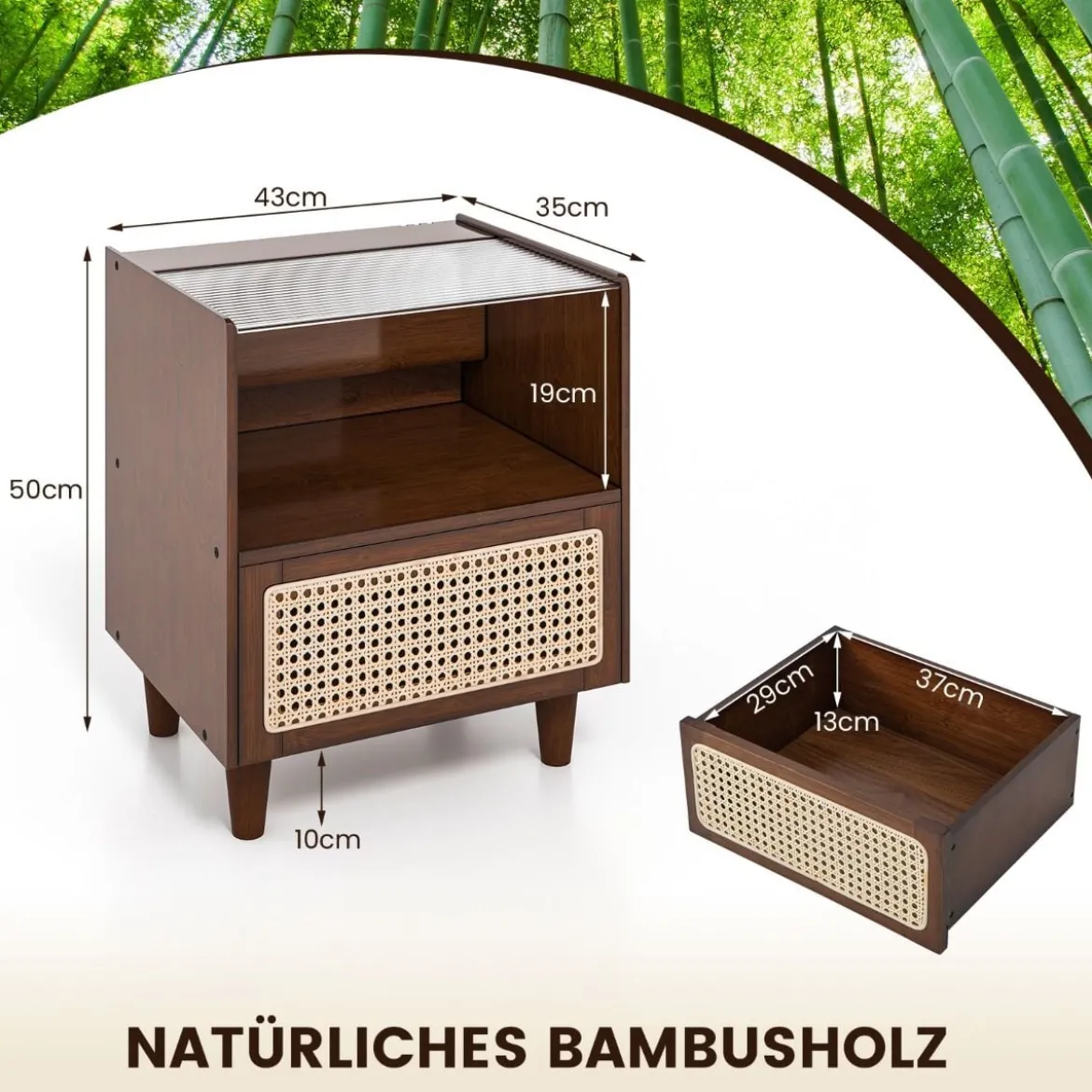 2 Nachttisch aus Bambus & Rattan mit Schublade und Beinen aus Massivholz Beistelltisch mit verstecktem Stauraum Braun