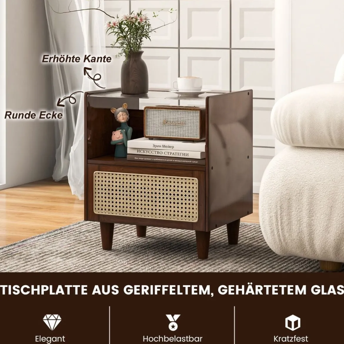 2 Nachttisch aus Bambus & Rattan mit Schublade und Beinen aus Massivholz Beistelltisch mit verstecktem Stauraum Braun