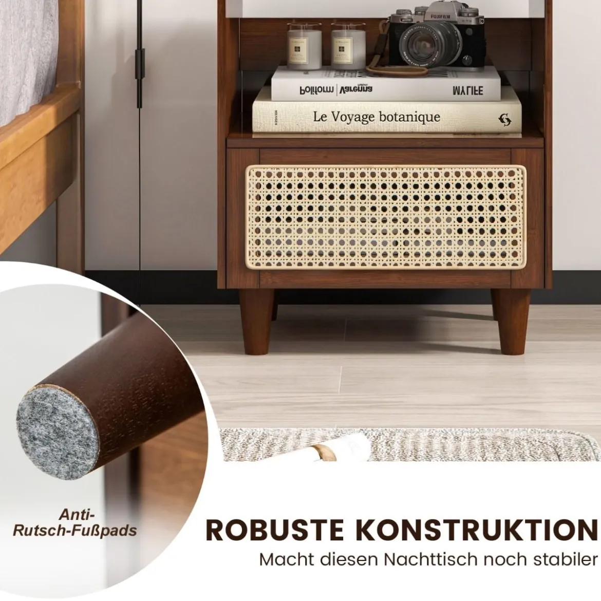 2 Nachttisch aus Bambus & Rattan mit Schublade und Beinen aus Massivholz Beistelltisch mit verstecktem Stauraum Braun