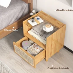 Nachttisch aus Bambus & Rattan mit Schublade Beistelltisch mit Verstecktem Stauraum Natur