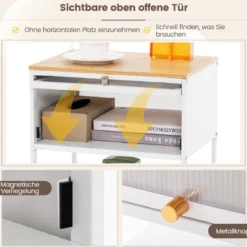 Nachttisch Beistelltisch Holz Nachtschrank mit Metallrahmen & Ablage & durchsichtiger Tür 40 x 32 x 56 cm Weiß