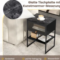 Nachttisch Beistelltisch Holz Nachtschrank mit Metallrahmen & Ablage & durchsichtiger Tür 40 x 32 x 56 cm Schwarz