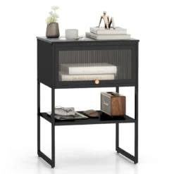 Nachttisch Beistelltisch Holz Nachtschrank mit Metallrahmen & Ablage & durchsichtiger Tür 40 x 32 x 56 cm Schwarz
