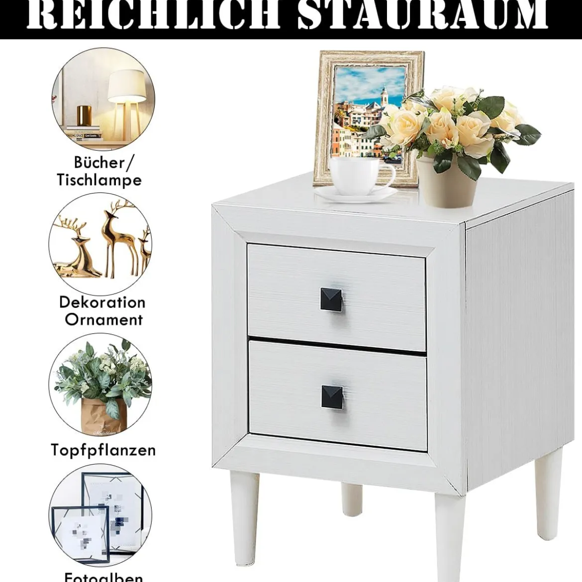 Nachttische Holz Beistelltisch mit 2 Schubladen Kaffeetisch modern Sofatisch Weiß