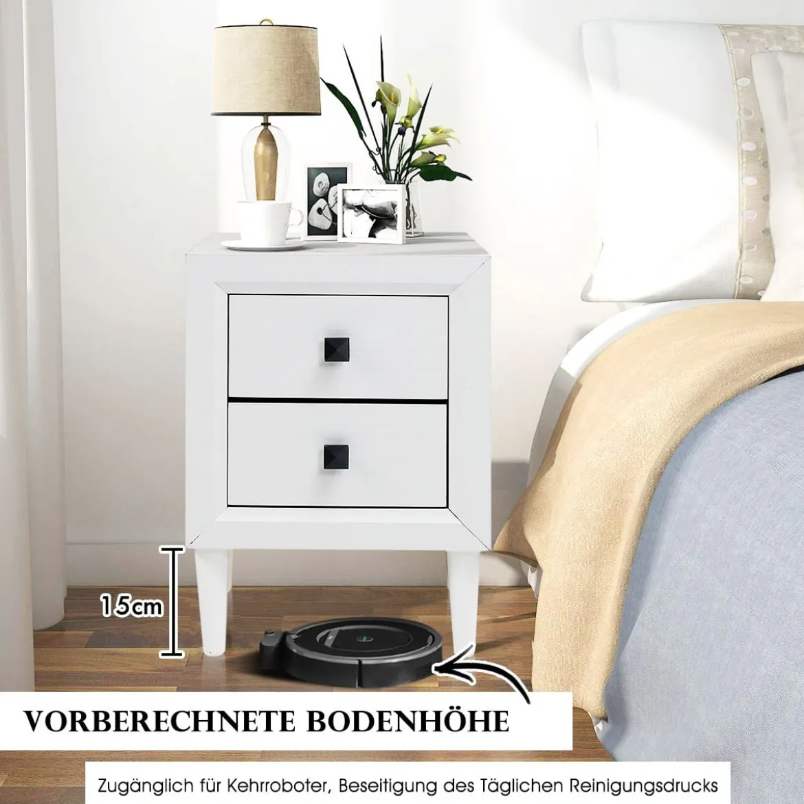 Nachttische Holz Beistelltisch mit 2 Schubladen Kaffeetisch modern Sofatisch Weiß