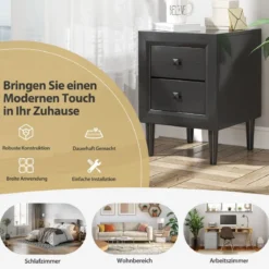 Nachttische Holz Beistelltisch mit 2 Schubladen Kaffeetisch modern Sofatisch Schwarz