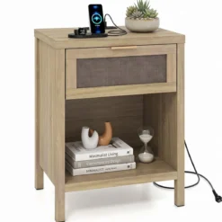Nachttisch Holz mit Schublade Ladestation Rattanfront & Kippschutz-Set 50 x 38 x 64,5 cm Natur
