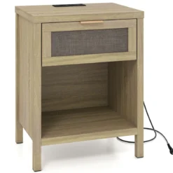 Nachttisch Holz mit Schublade Ladestation Rattanfront & Kippschutz-Set 50 x 38 x 64,5 cm Natur