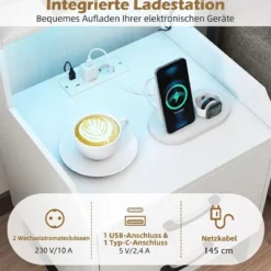 Nachttisch mit Integrierter Ladestation & LED-Lichtern & 2 Schubladen Moderner Beistelltisch Weiß