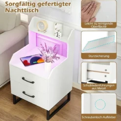 Nachttisch mit Integrierter Ladestation & LED-Lichtern & 2 Schubladen Moderner Beistelltisch Weiß
