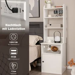 Nachttisch mit Ladefunktion & Offenen Regalen & Schrank für Boxspringbett Weiß