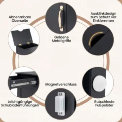 Nachttisch mit Ladestation Beistelltisch mit verstellbarem Regal Schrank Schublade Schwarz