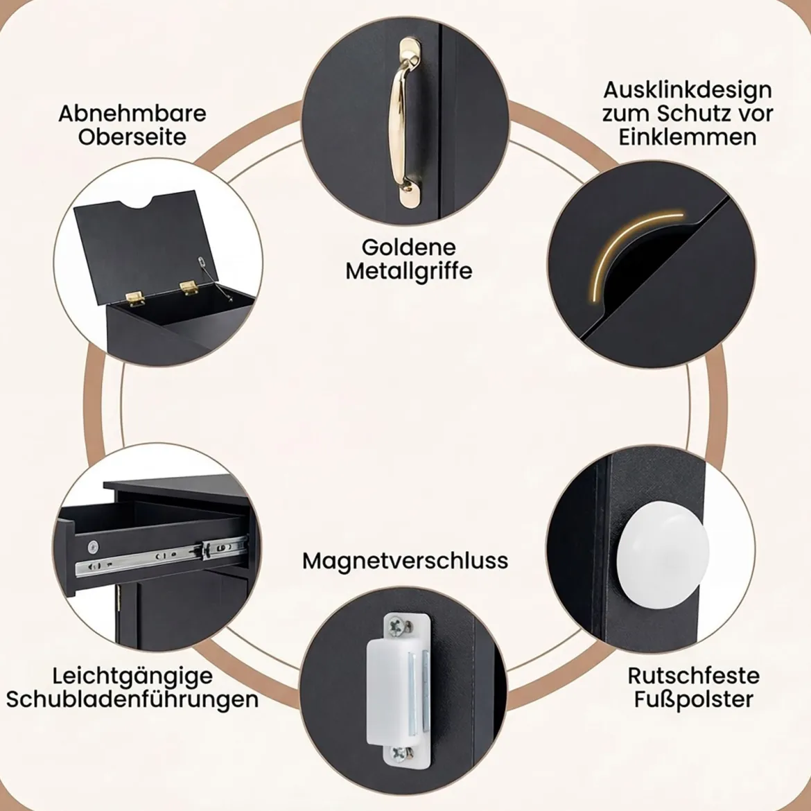 Nachttisch mit Ladestation Beistelltisch mit verstellbarem Regal Schrank Schublade Schwarz