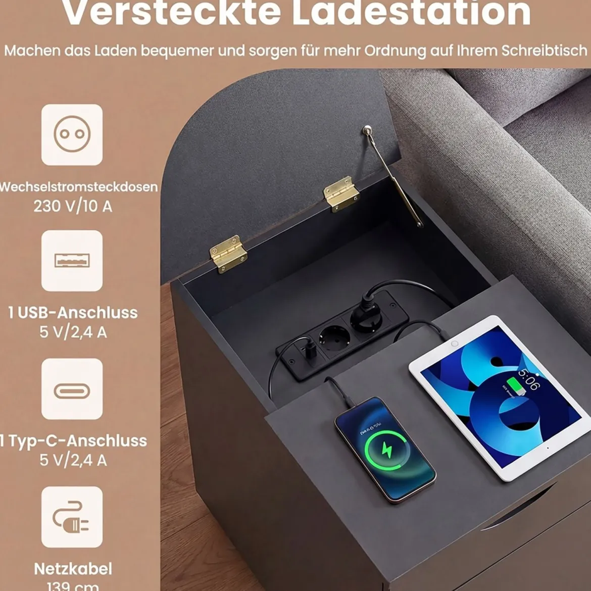 Nachttisch mit Ladestation Beistelltisch mit verstellbarem Regal Schrank Schublade Schwarz