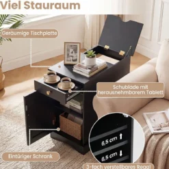 Nachttisch mit Ladestation Beistelltisch mit verstellbarem Regal Schrank Schublade Schwarz