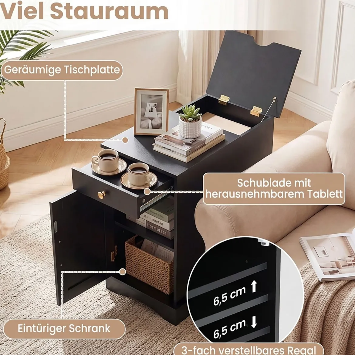 Nachttisch mit Ladestation Beistelltisch mit verstellbarem Regal Schrank Schublade Schwarz