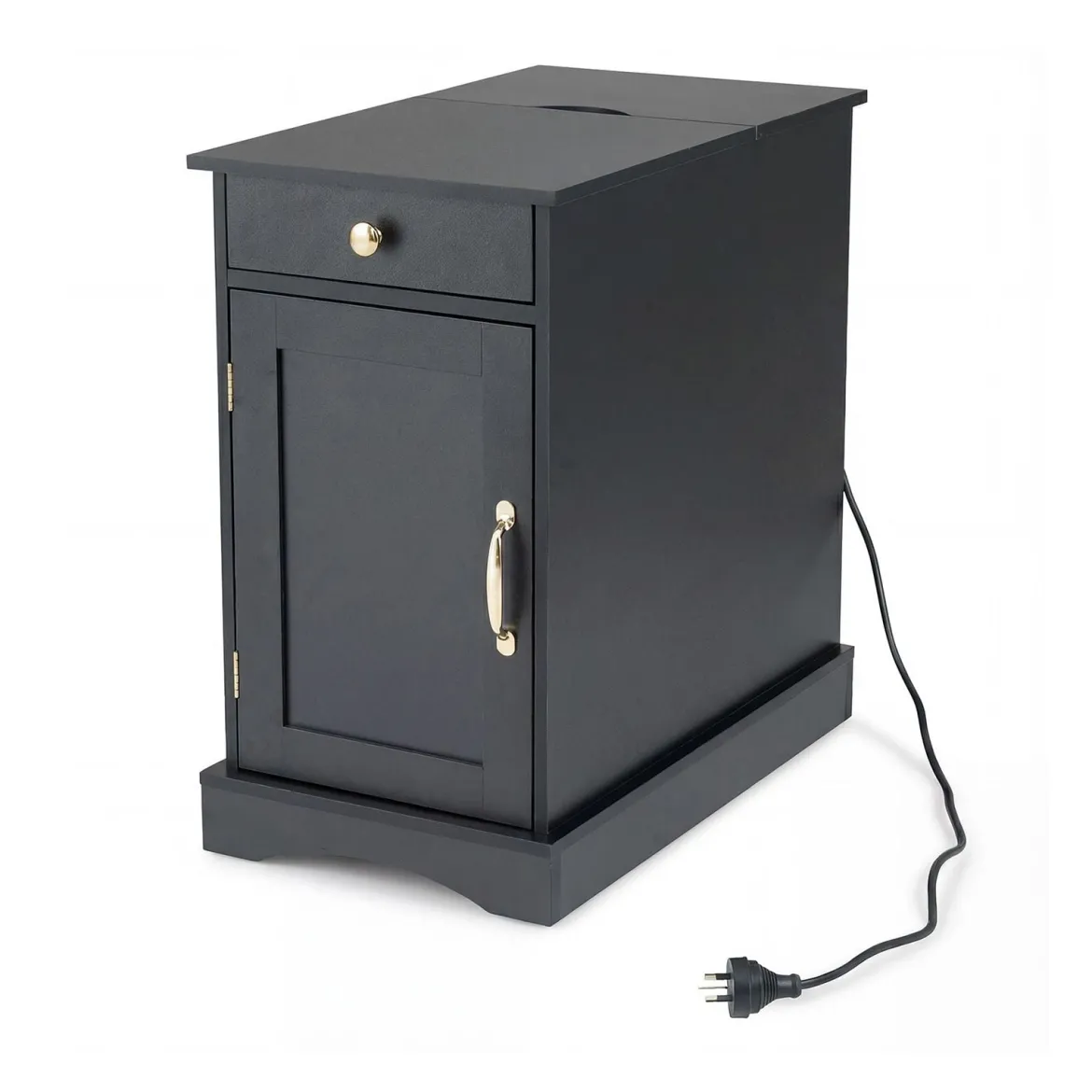 Nachttisch mit Ladestation Beistelltisch mit verstellbarem Regal Schrank Schublade Schwarz