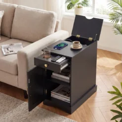 Nachttisch mit Ladestation Beistelltisch mit verstellbarem Regal Schrank Schublade Schwarz
