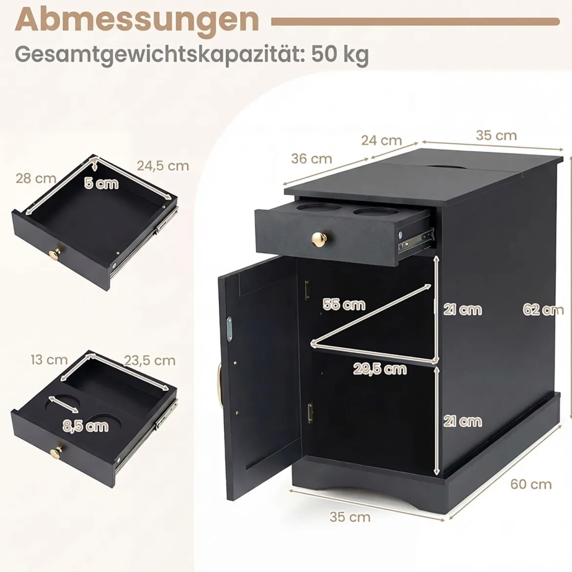 Nachttisch mit Ladestation Beistelltisch mit verstellbarem Regal Schrank Schublade Schwarz