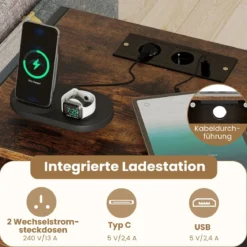 Nachttisch mit Ladestation Industrial Beistelltisch mit offenem Fach Schublade & Ablage Rustikales Braun