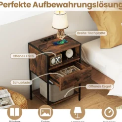 Nachttisch mit Ladestation Industrial Beistelltisch mit offenem Fach Schublade & Ablage Rustikales Braun
