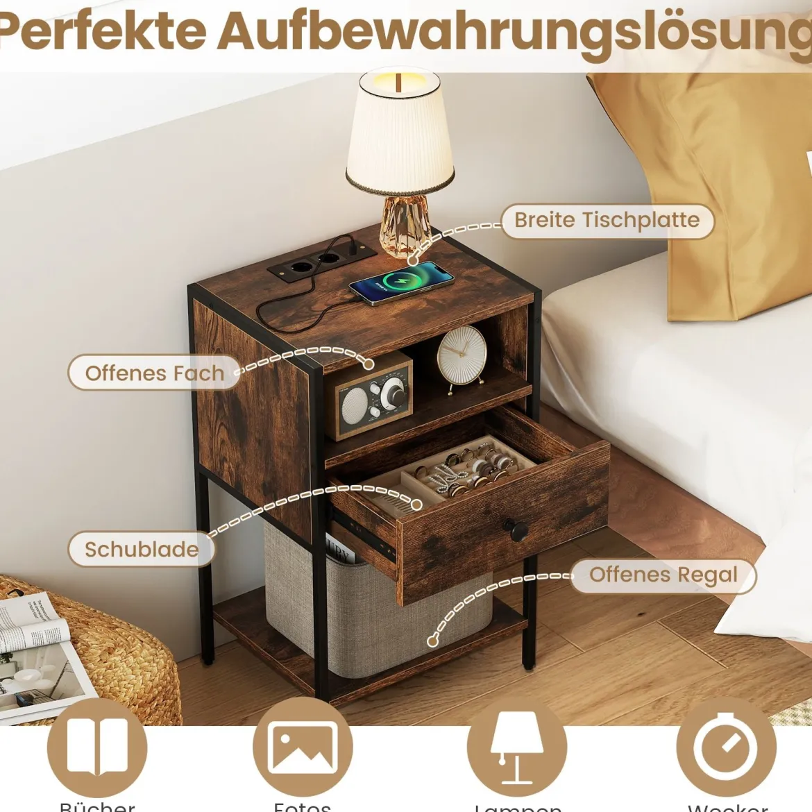 Nachttisch mit Ladestation Industrial Beistelltisch mit offenem Fach Schublade & Ablage Rustikales Braun