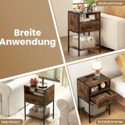 Nachttisch mit Ladestation Industrial Beistelltisch mit offenem Fach Schublade & Ablage Rustikales Braun
