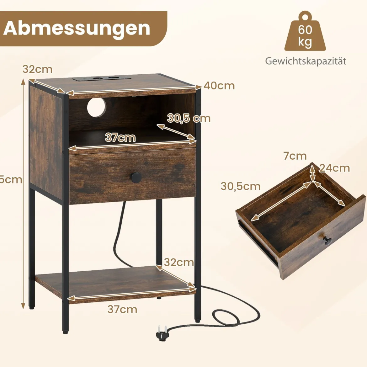 Nachttisch mit Ladestation Industrial Beistelltisch mit offenem Fach Schublade & Ablage Rustikales Braun