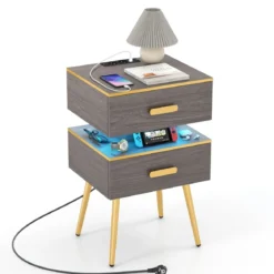 Nachttisch mit Ladestation & LED-Leuchten Nachtschrank mit 2 Schubladen 44 x 38 x 72 cm Grau